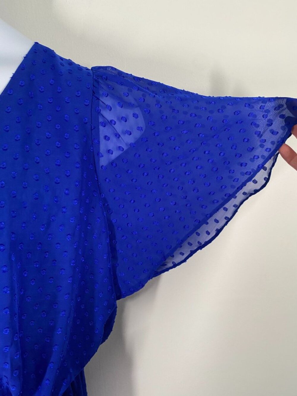 Polka Dot Sheer Royal Blue 22w Wrap Dress With Flutter Sleeves & Tie Waist - Picture 3 of 11
